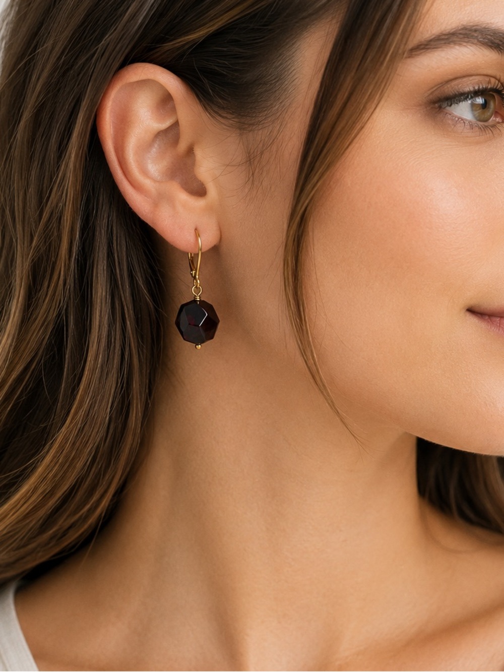 Natural Garnet Geometric Gold Tone Leverback Earrings